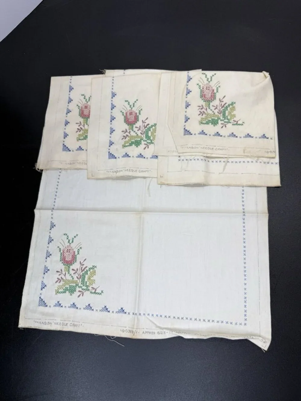 4 Vintage Paragon Needlecraft Napkins 0362 Linen Stamped Floral Pattern 17”